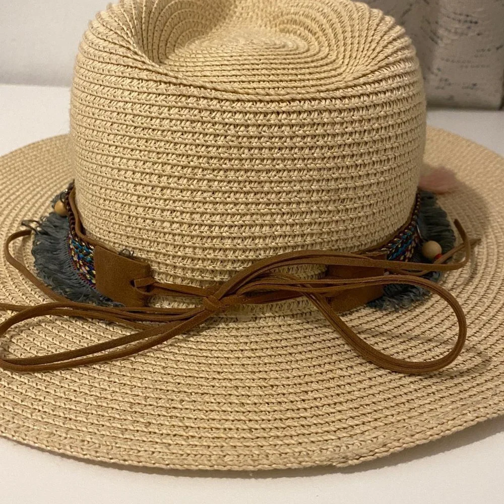 Turquoise Beaded Fringe Straw Sun Hat